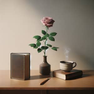 Cozy Coffee Cup, Book, and Rose on Wooden Table
