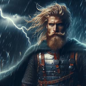Brave Viking in Nordic Armor Faces Violent Storm