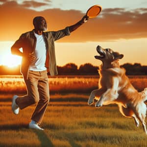 Serene Sunset Scene: Man Playing Frisbee with Golden Retriever