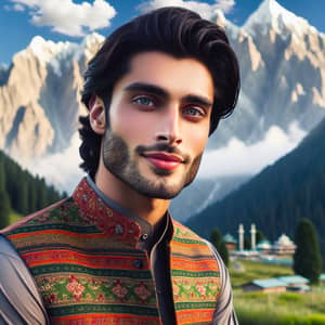 30-Year-Old South Asian Man in Traditional Pakistani Attire | Mountain Range View