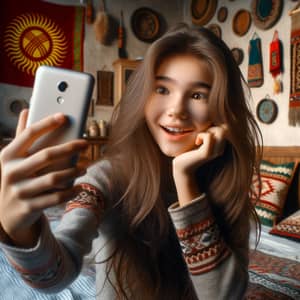 Kyrgyz Teenage Girl Captures Cultural Elegance in Cozy Bedroom