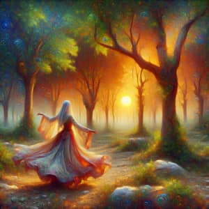 Mystical Forest Sunset Painting with Dancing Woman