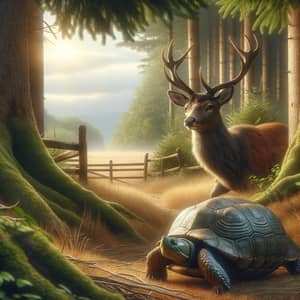 Serene Country Landscape with Majestic Deer and Patient Turtle
