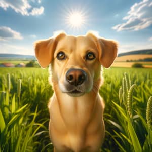 Vibrant Yellow Dog Standing in Sunny Field