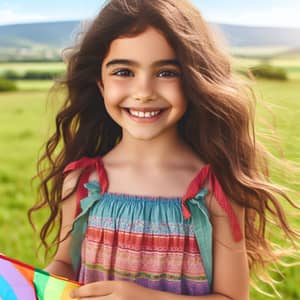 Happy Middle-Eastern Girl Playing with Kite in Lush Green Fields