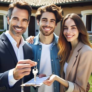 Diverse Real Estate Agent Hands Over Property Keys to Smiling Couple