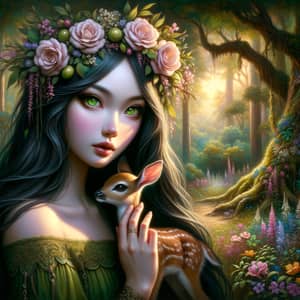 Magical Forest Nymph: Enchanting Scene with Fawn and Flowers