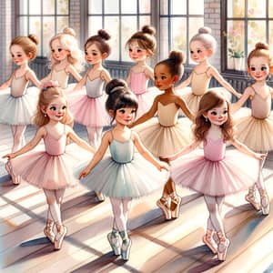 Diverse Group of Little Girls Watercolor Ballet Illustration