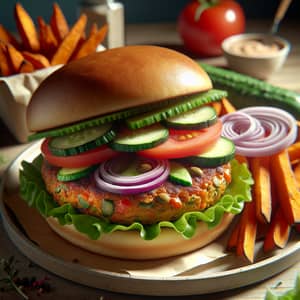 Delicious Veggie Burger with Fresh Veggies and Sweet Potato Fries