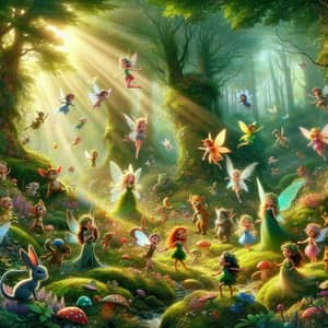 Enchanting Forest Scene with Fairies and Woodland Creatures