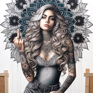 Caucasian Woman with Tattoos and Defiant Pose | Illustrated Scene