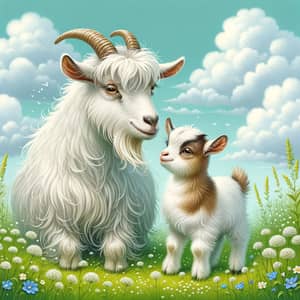 Heartwarming Scene of Mother Goat and Kid in Meadow