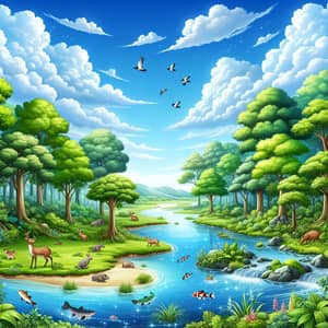 Tranquil Forest Landscape with Diverse Flora and Wildlife