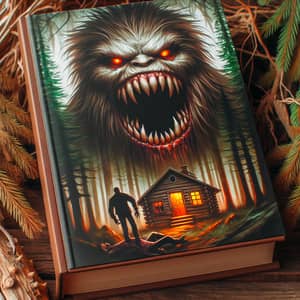 Horror Book Cover: Monster with Sharp Teeth in Forest Cabin