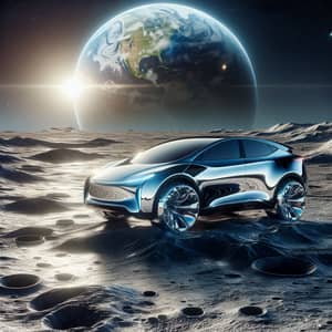 Futuristic Car on Moon: Surreal Scene with Earth's Reflection