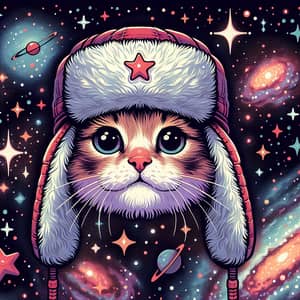 Space Cat in Russian Fur Hat Floating in Cosmos