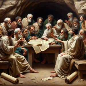 1st Century Christian Priests in Cave Discussion with Ancient Scrolls