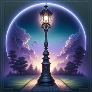 Outdoor Wrought Iron Lamp Post with Illuminated Globe | Twilight Scene