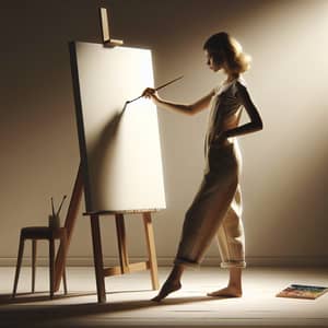 Caucasian Girl at Work: Painting Canvas Creativity