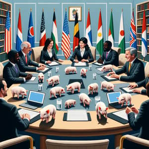 Global Government Meeting with Diverse People and Pigs