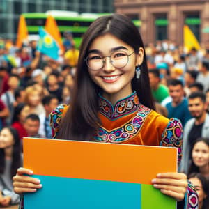 Enthusiastic Kazakh Girl Promoting with Colorful Sign in Urban Setting