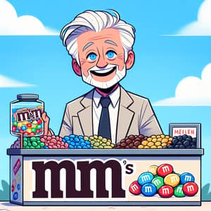 Colorful MnM Stand with Cartoon Older Man | Joyful Cartoon Character