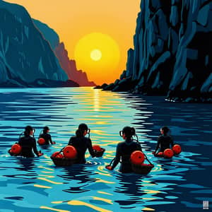 Haenyeos: Korean Female Divers Emerging with Baskets of Seafood