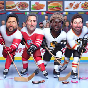 Multi-Ethnic Ice Hockey Players in Food-themed Environment