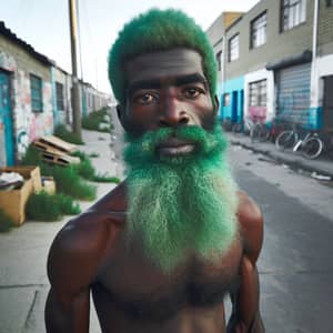 African Man with Unique Green Beard in Urban Locale