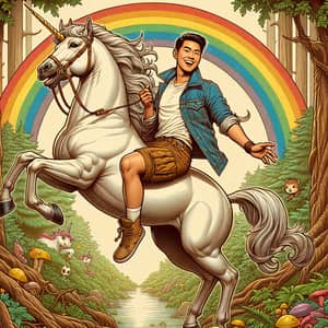 Vintage Style Illustration: East Asian Male Riding Unicorn in Enchanted Forest