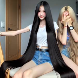 Asian Teenager with Rapunzel-Like Hair | Stylish Room Scene