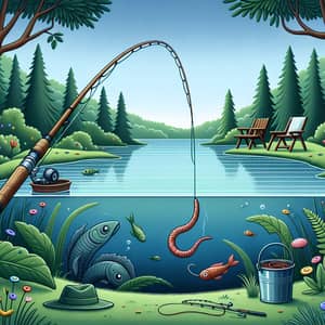 Tranquil Fishing Scene with Hooked Worm Bait and Abandoned Chair