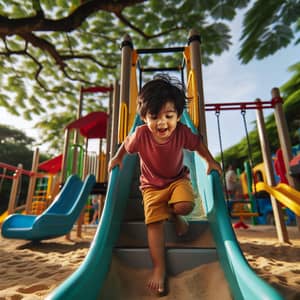 Joyful South Asian Child Playing in Colorful Playground