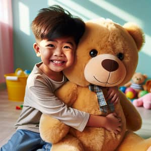 Joyful South Asian Boy Hugging Large Stuffed Bear
