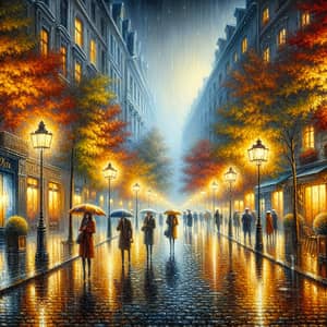Rainy European Street Painting | Fall Night Scene