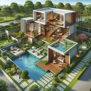 Contemporary Two-Storey House Design with Pool & Greenery