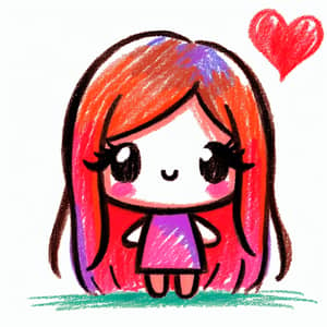 Chibi Style Girl Drawing Holding Heart - Artistic Crayon Stroke