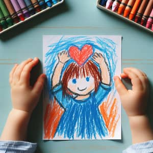 Child's Drawing of Little Girl Holding Heart Shape in Vivid Colors