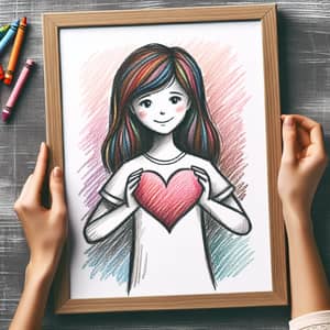 Cute Girl Holding Heart Drawing | Crayon Style Artwork