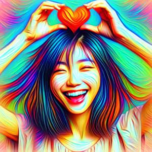 Vibrant Asian Girl Holding Heart - Impressionistic Art
