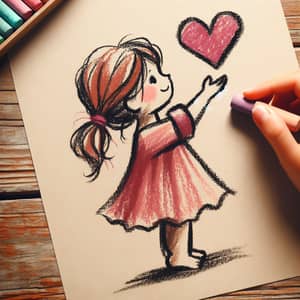 Whimsical Oil Pastel Art: Little Girl Holding Heart