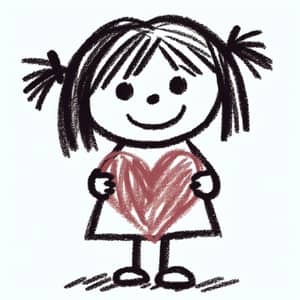 Childlike Drawing of Girl Holding Heart - Art for All Ages