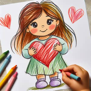 Child's Crayon Drawing of a Girl Holding Heart Shape