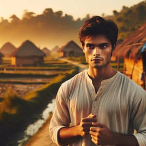 Ambitious South Asian Man in Rustic Village at Sunset