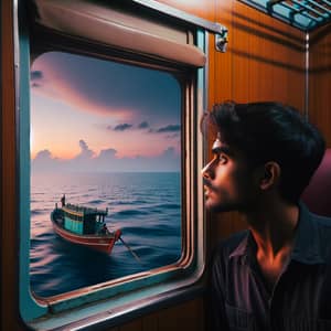 Man on Train Watching Fisherman's Boat in Sea