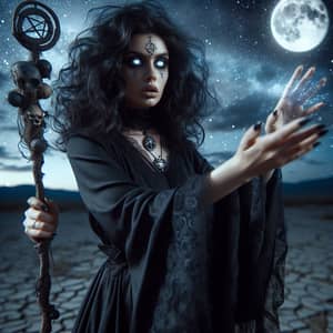Curly Black-Haired Female Necromancer - Mystic Spells and Dark Energy