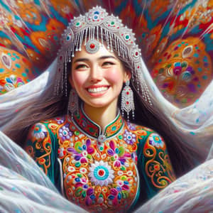 Tajik Wedding Attire: Joyful 28-Year-Old Woman in Traditional Dress