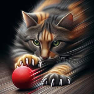 Playful Multicolored Tabby Cat Swatting at Red Ball