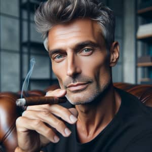 Middle-Aged Man with Gray Hair and Cigar | Modern Interior Setting
