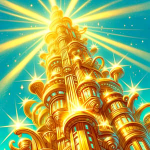 Cartoon Gold Tower: Fantasy Structure Shining in the Sunlight